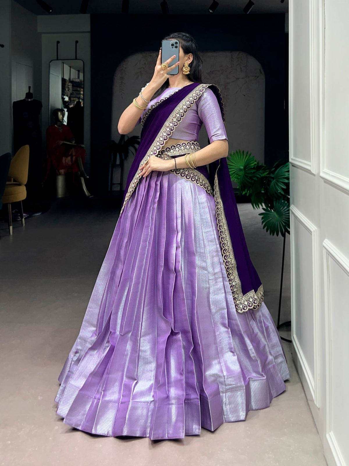 Lavender Jacquard Silk Lehenga Choli with Weaving Work & Sequin Dupatta