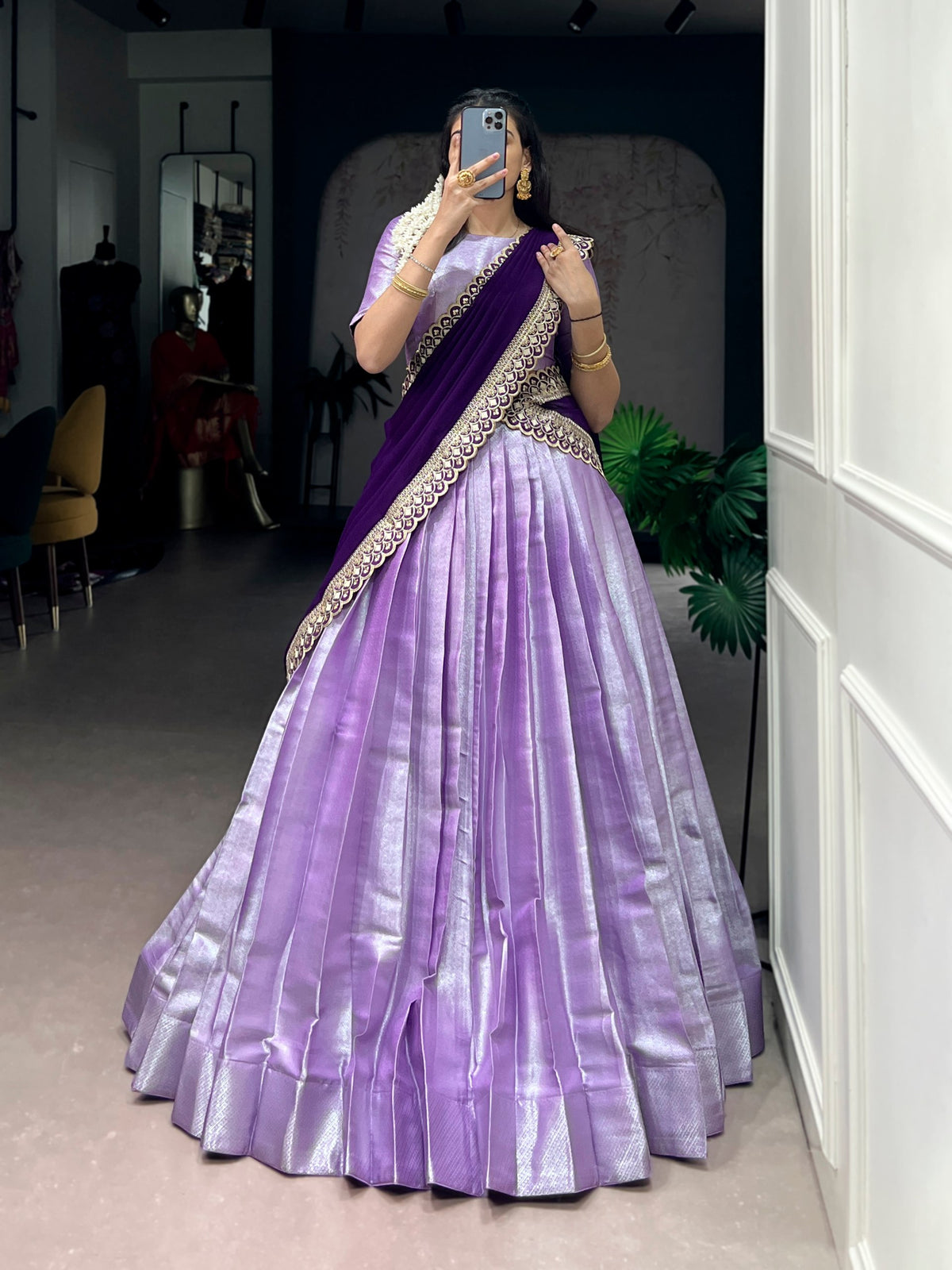 Lavender Jacquard Silk Lehenga Choli with Weaving Work & Sequin Dupatta