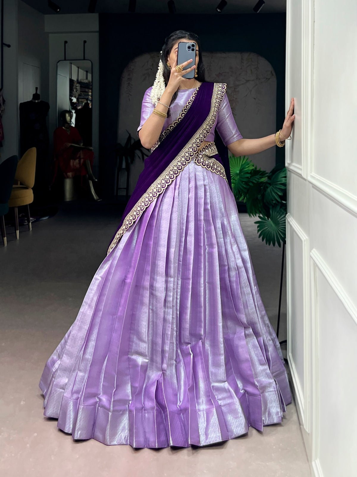 Lavender Jacquard Silk Lehenga Choli with Weaving Work & Sequin Dupatta