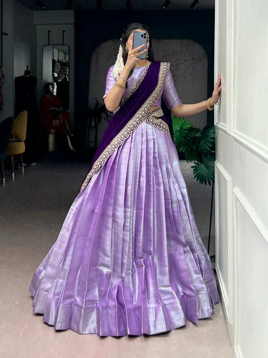 Lavender Jacquard Silk Lehenga Choli with Weaving Work & Sequin Dupatta