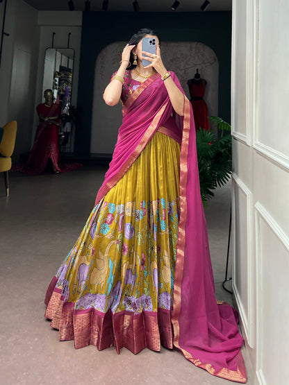 Kalamkari Print Dola Silk Lehenga Choli with Zari Border & Georgette Dupatta