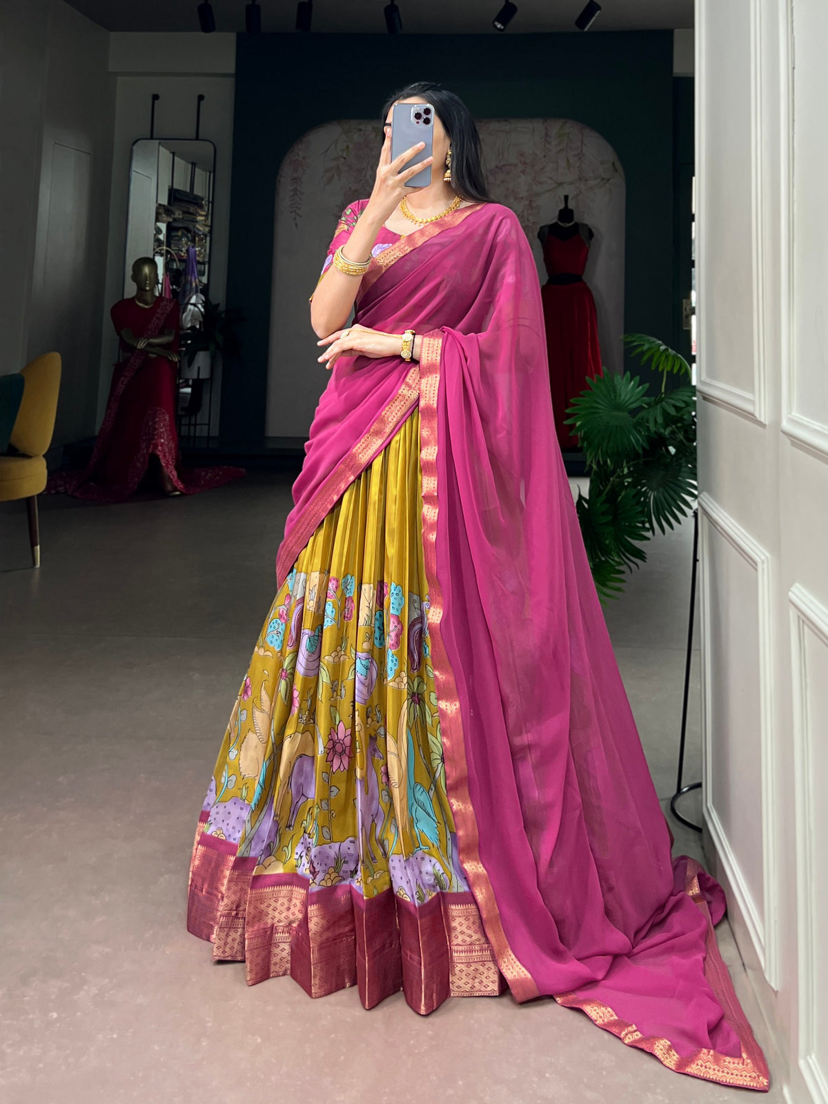 Kalamkari Print Dola Silk Lehenga Choli with Zari Border & Georgette Dupatta