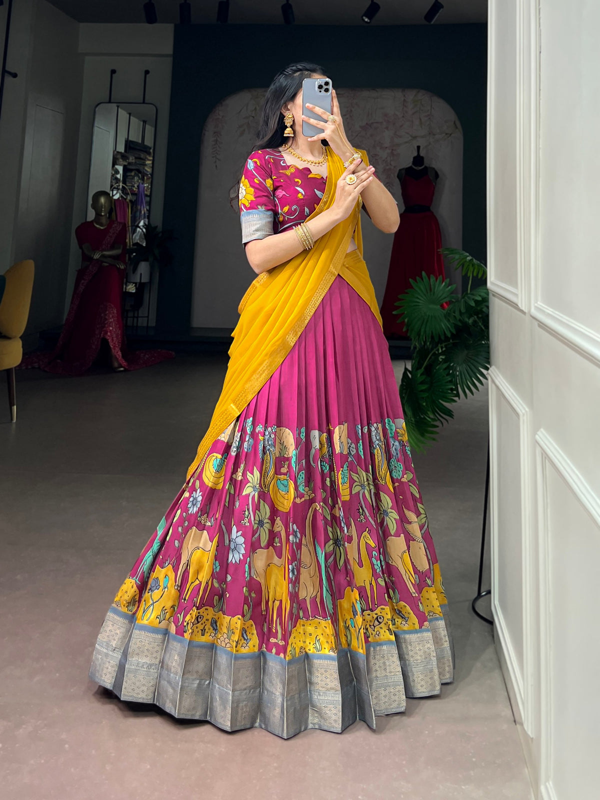 Kalamkari Print Dola Silk Lehenga Choli with Zari Border & Georgette Dupatta