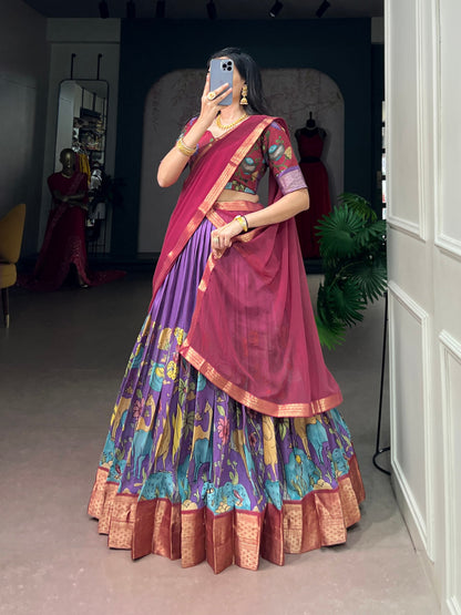Kalamkari Print Dola Silk Lehenga Choli with Zari Border & Georgette Dupatta