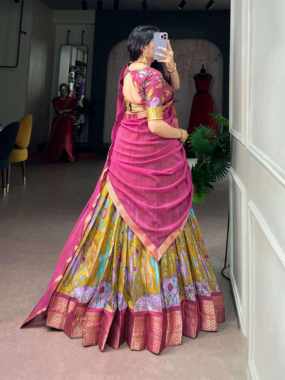 Kalamkari Print Dola Silk Lehenga Choli with Zari Border & Georgette Dupatta