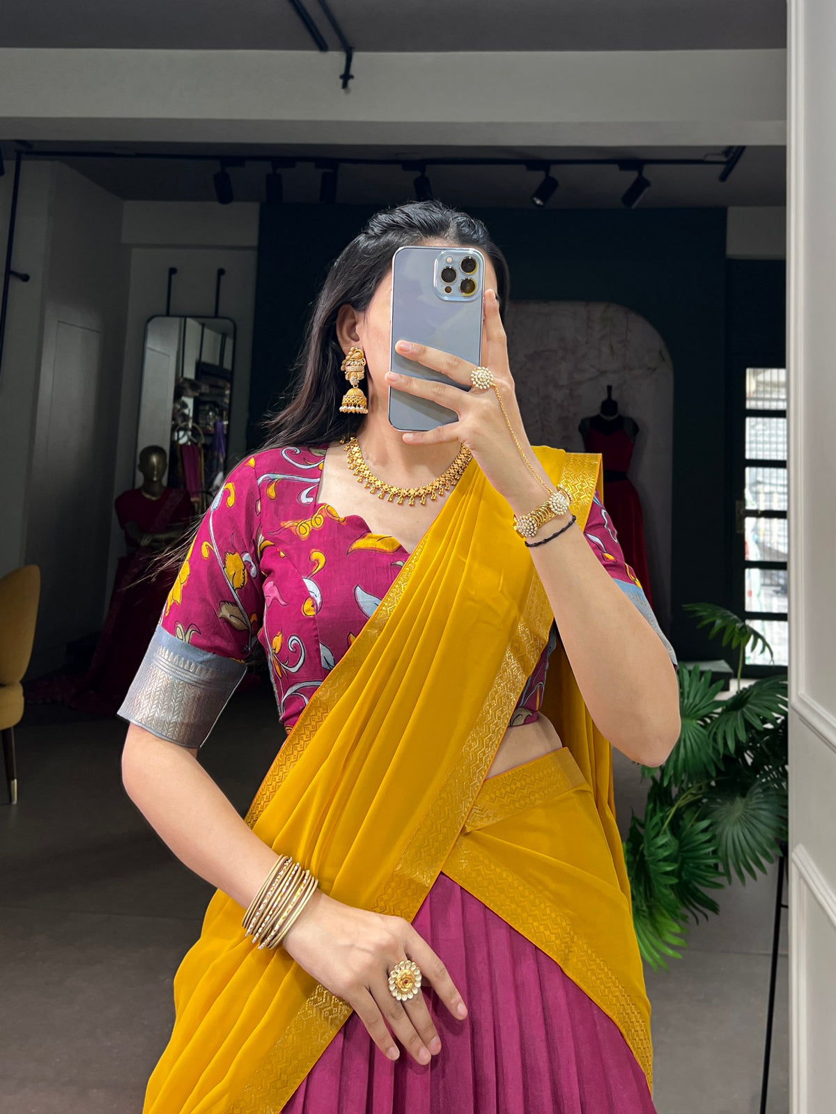 Kalamkari Print Dola Silk Lehenga Choli with Zari Border & Georgette Dupatta