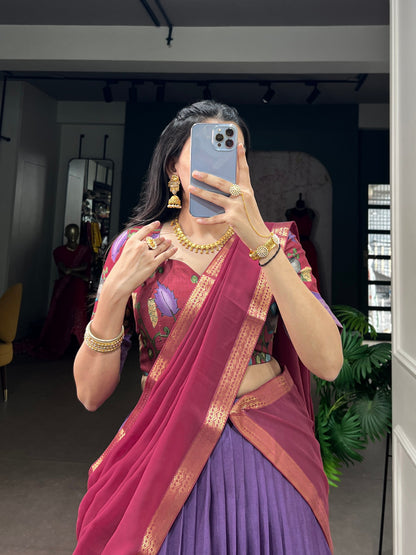 Kalamkari Print Dola Silk Lehenga Choli with Zari Border & Georgette Dupatta