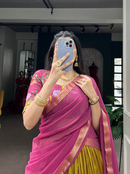 Kalamkari Print Dola Silk Lehenga Choli with Zari Border & Georgette Dupatta