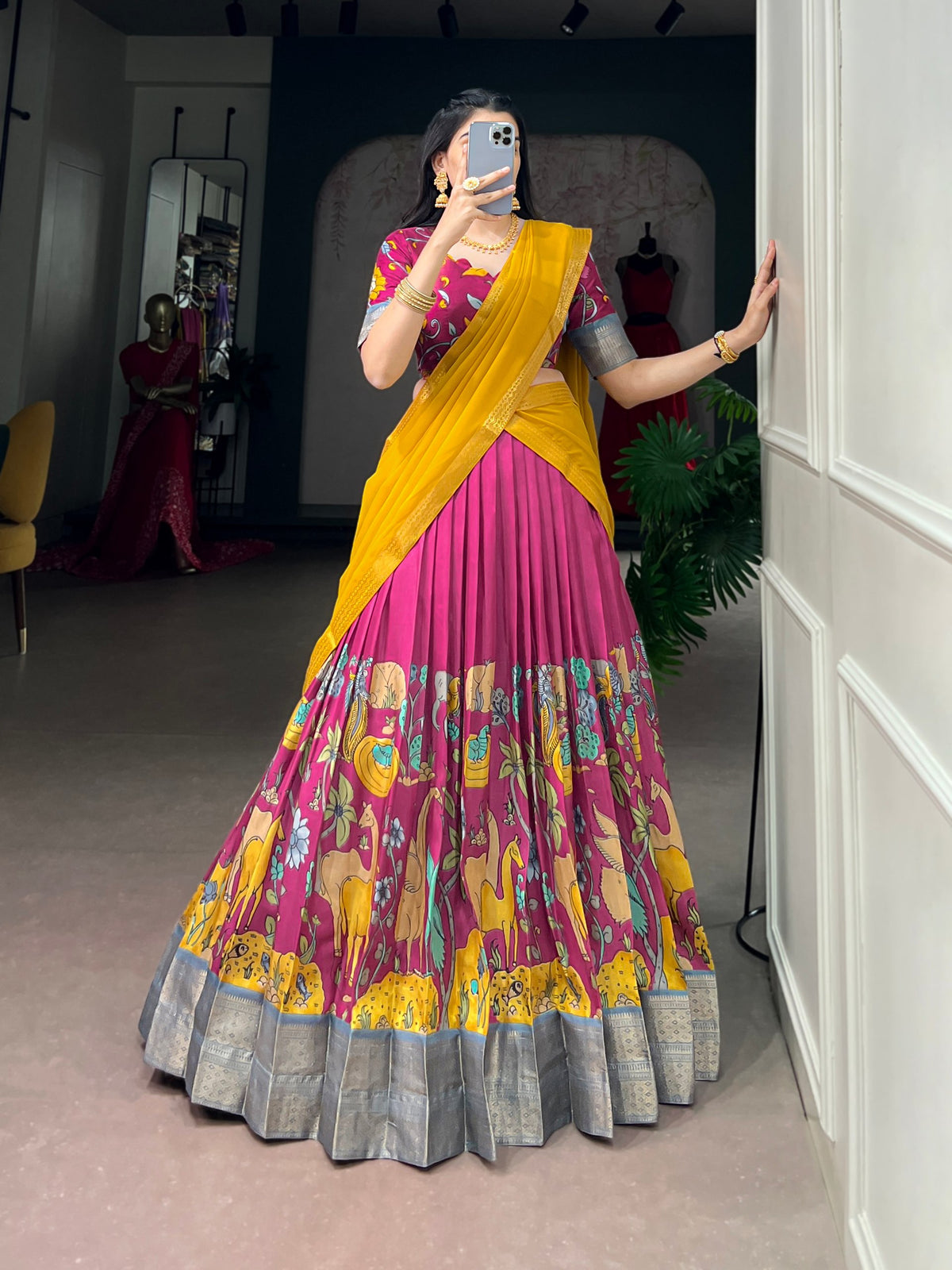 Kalamkari Print Dola Silk Lehenga Choli with Zari Border & Georgette Dupatta