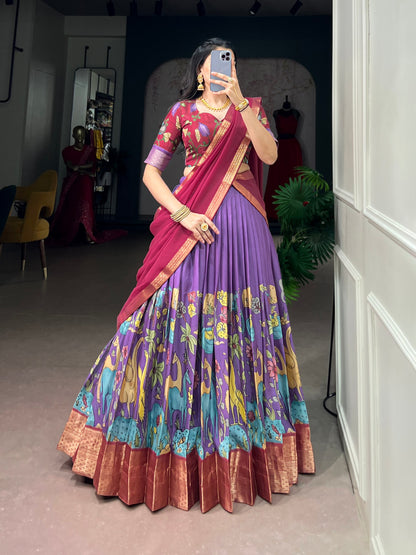Kalamkari Print Dola Silk Lehenga Choli with Zari Border & Georgette Dupatta