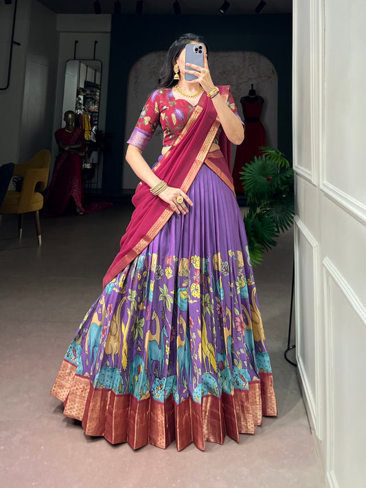 Kalamkari Print Dola Silk Lehenga Choli with Zari Border & Georgette Dupatta