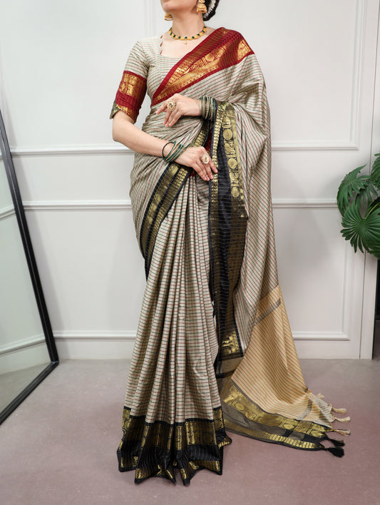 Cream Checks Saree with Black & Maroon Zari Border