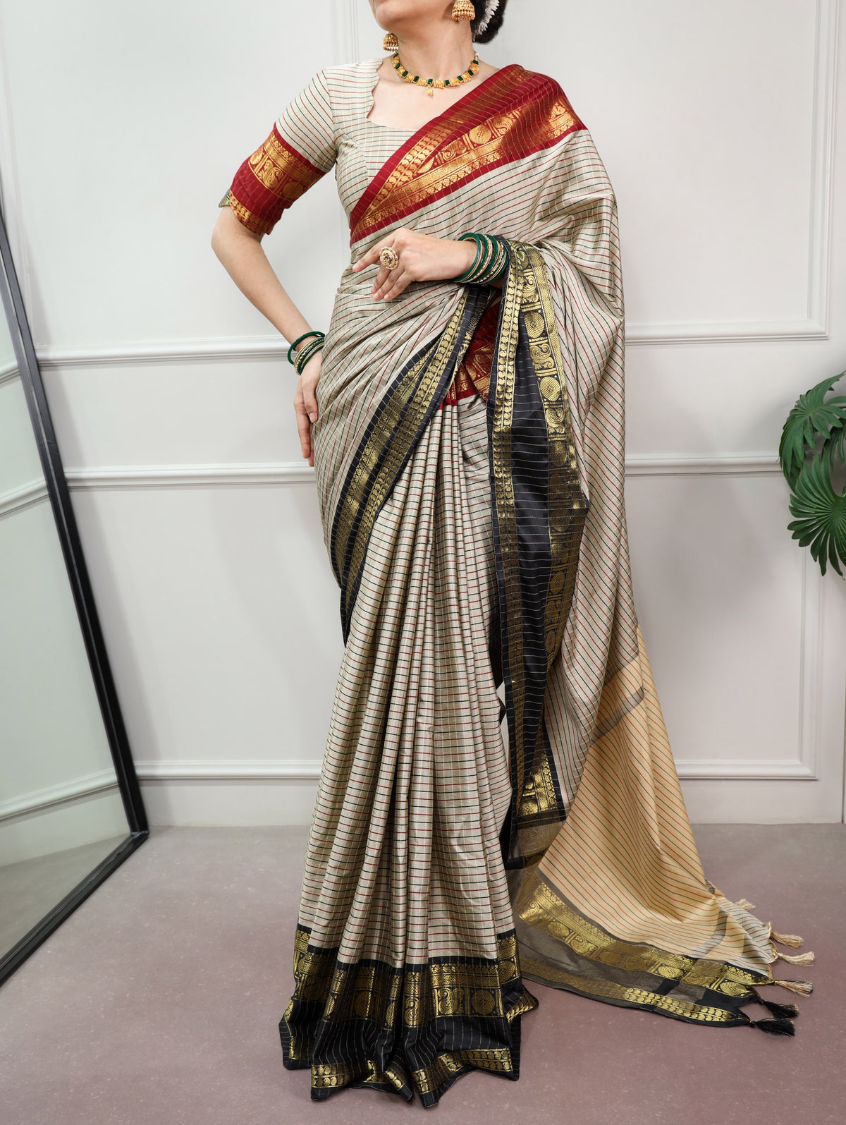 Cream Checks Saree with Black & Maroon Zari Border