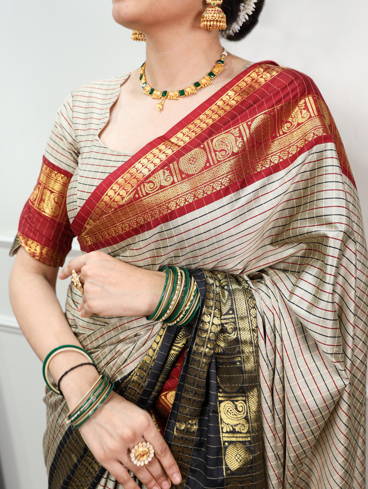 Cream Checks Saree with Black & Maroon Zari Border
