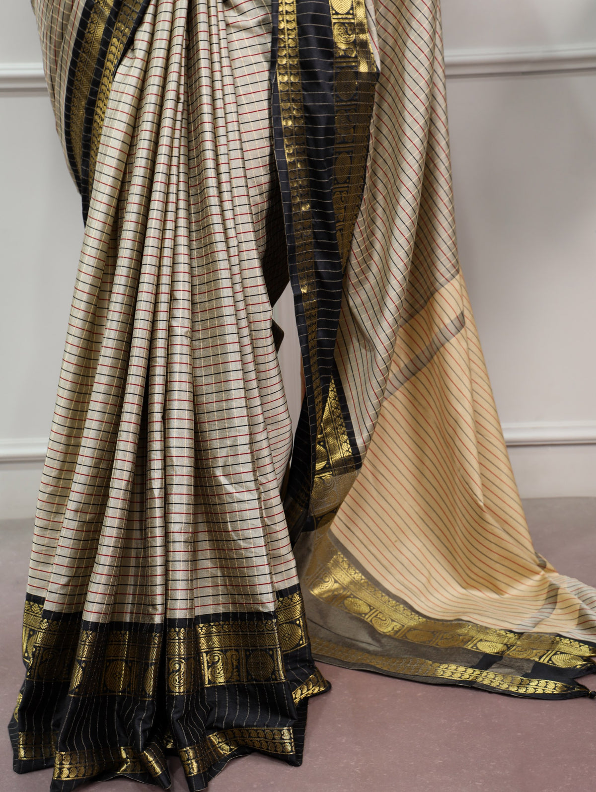 Cream Checks Saree with Black & Maroon Zari Border