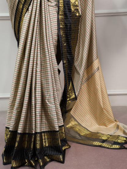 Cream Checks Saree with Black & Maroon Zari Border