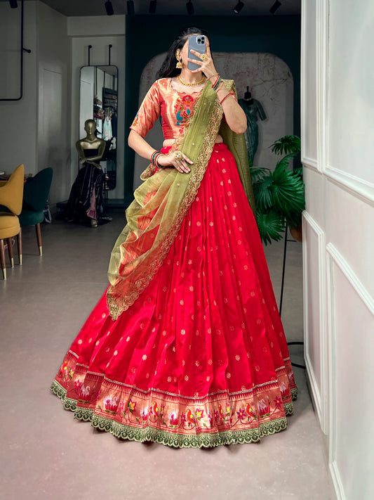Paithani Jacquard Silk Lehenga Set with Zari & Embroidered Dupatta