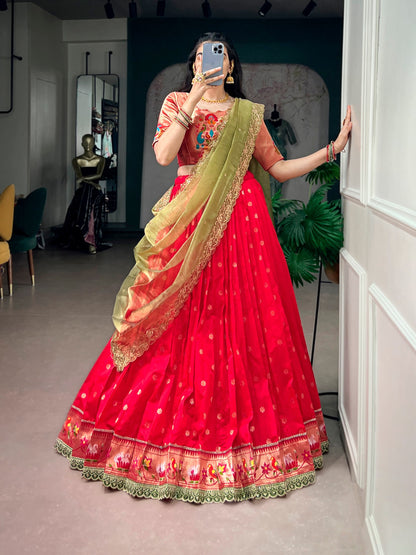 Paithani Jacquard Silk Lehenga Set with Zari & Embroidered Dupatta