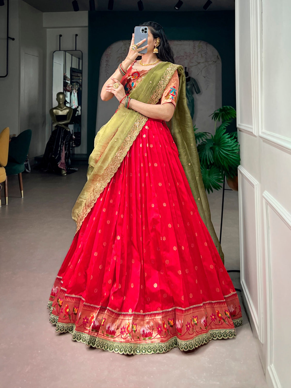 Paithani Jacquard Silk Lehenga Set with Zari & Embroidered Dupatta