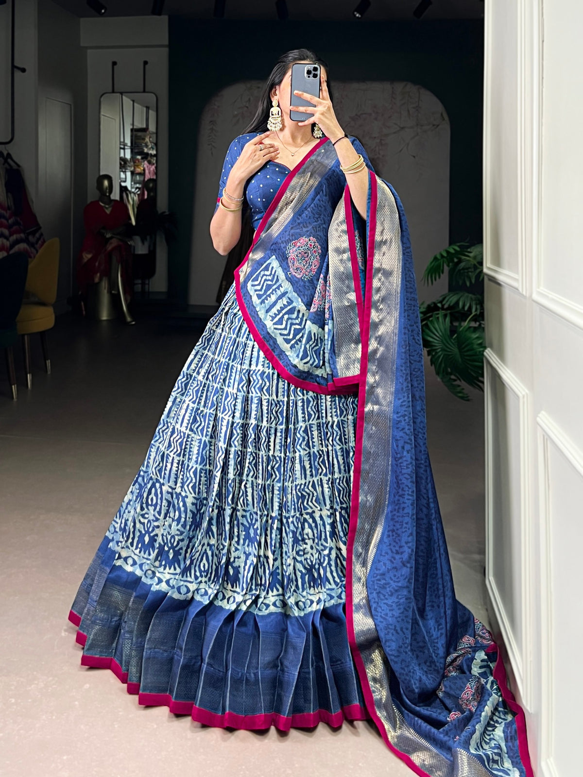 Dola Silk Batik Print Lehenga Choli with Zari Weaving Work