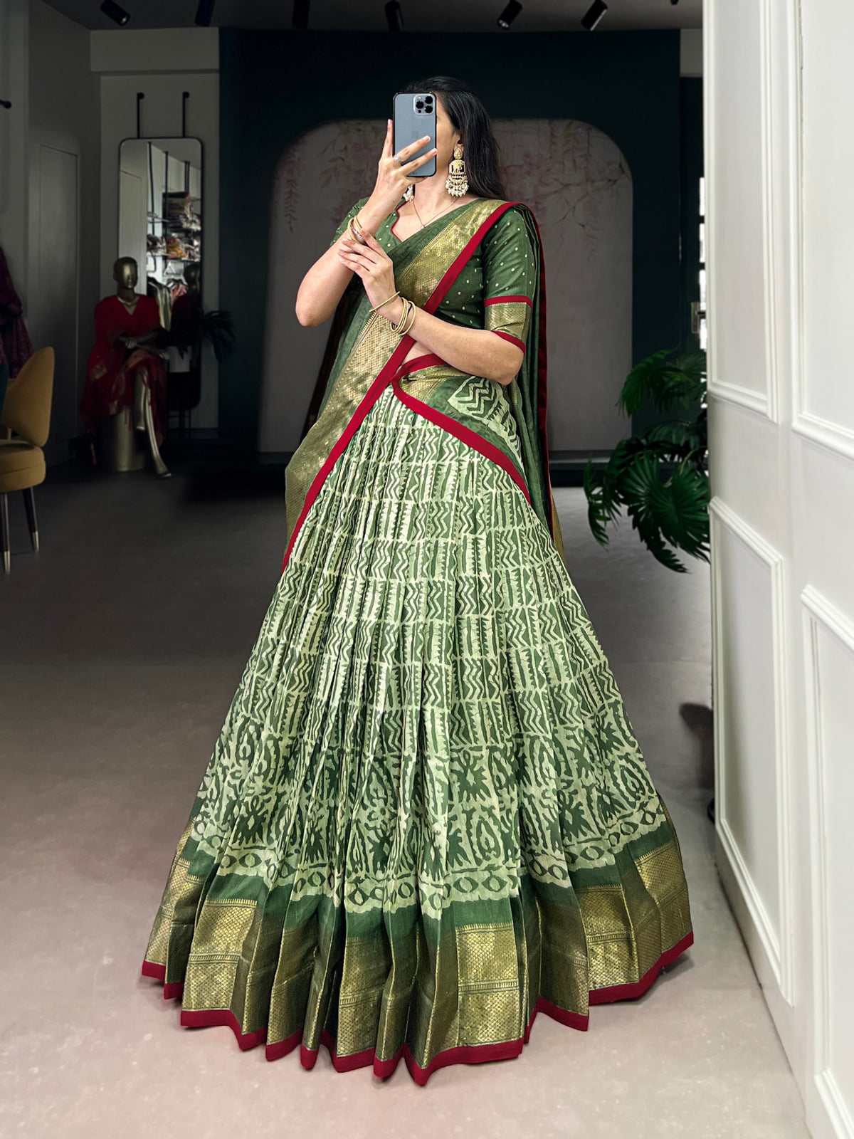 Dola Silk Batik Print Lehenga Choli with Zari Weaving Work