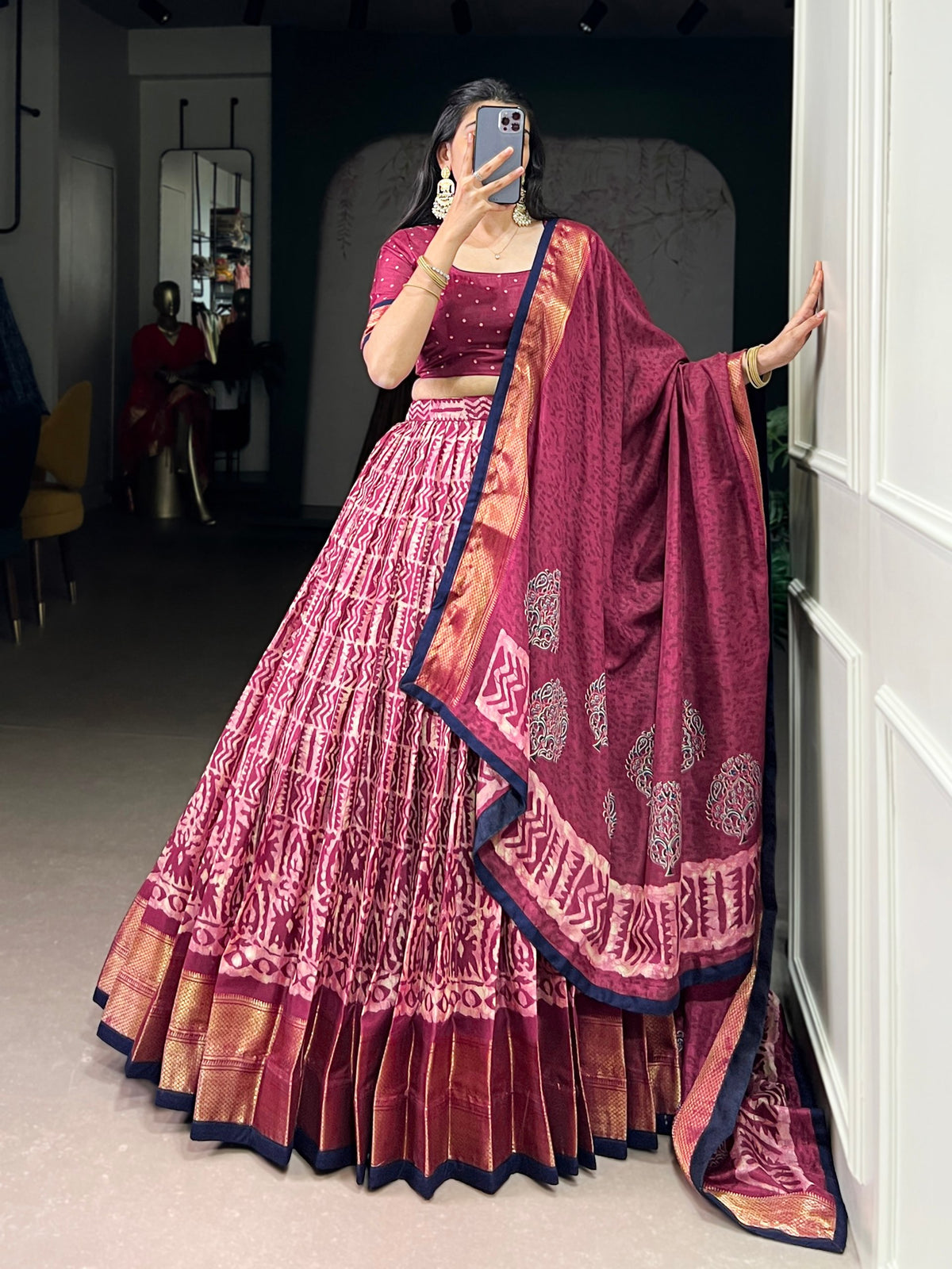 Dola Silk Batik Print Lehenga Choli with Zari Weaving Work