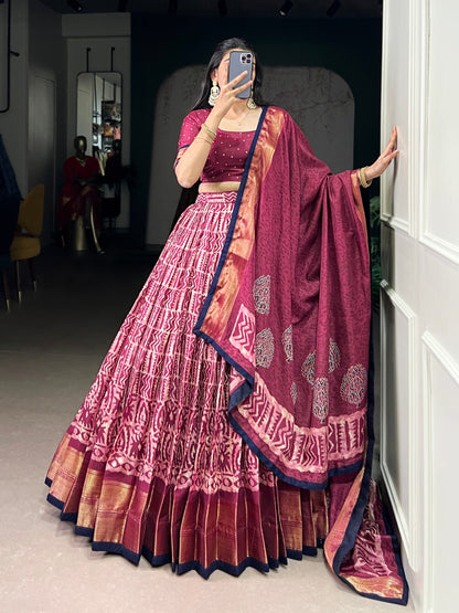 Dola Silk Batik Print Lehenga Choli with Zari Weaving Work