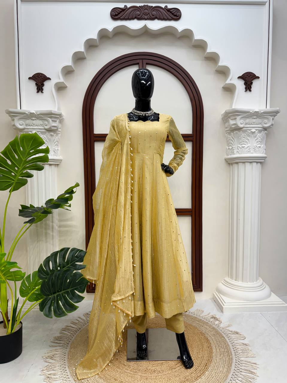 Antique Mustard Foil Work Gown Set with Pants & Dupatta