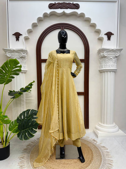 Antique Mustard Foil Work Gown Set with Pants & Dupatta