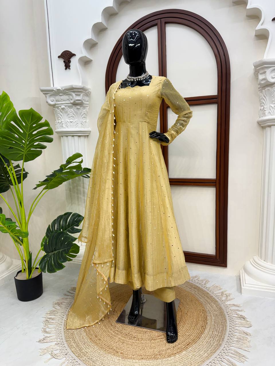 Antique Mustard Foil Work Gown Set with Pants & Dupatta