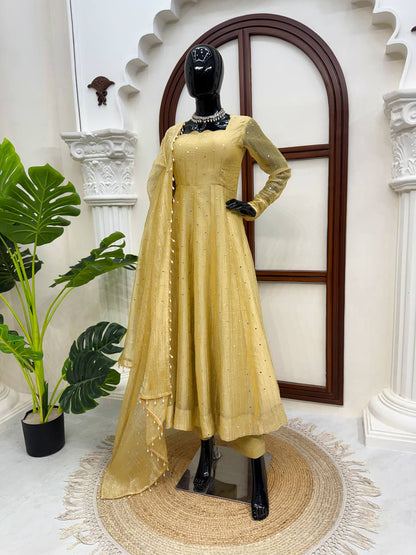 Antique Mustard Foil Work Gown Set with Pants & Dupatta