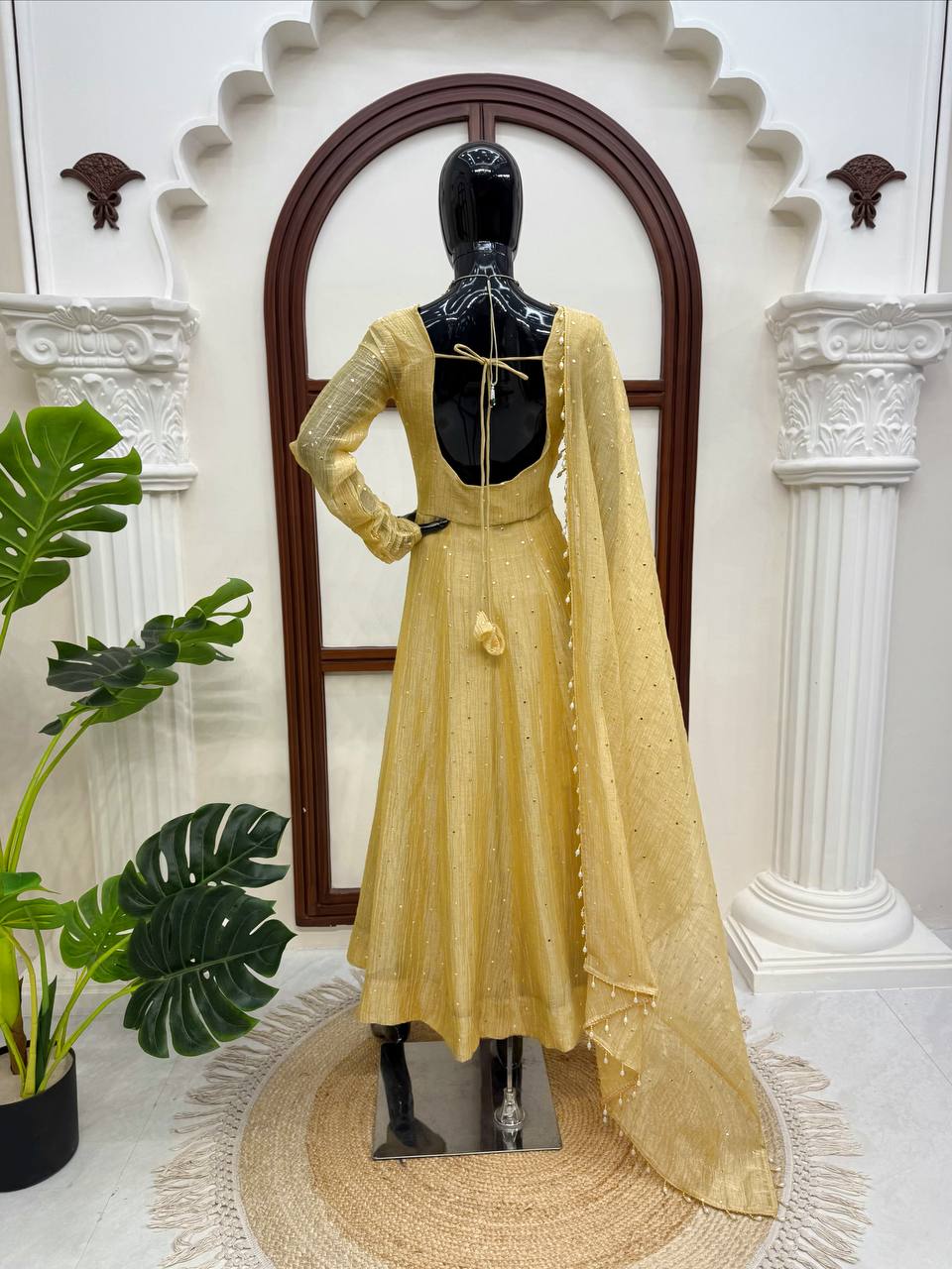 Antique Mustard Foil Work Gown Set with Pants & Dupatta