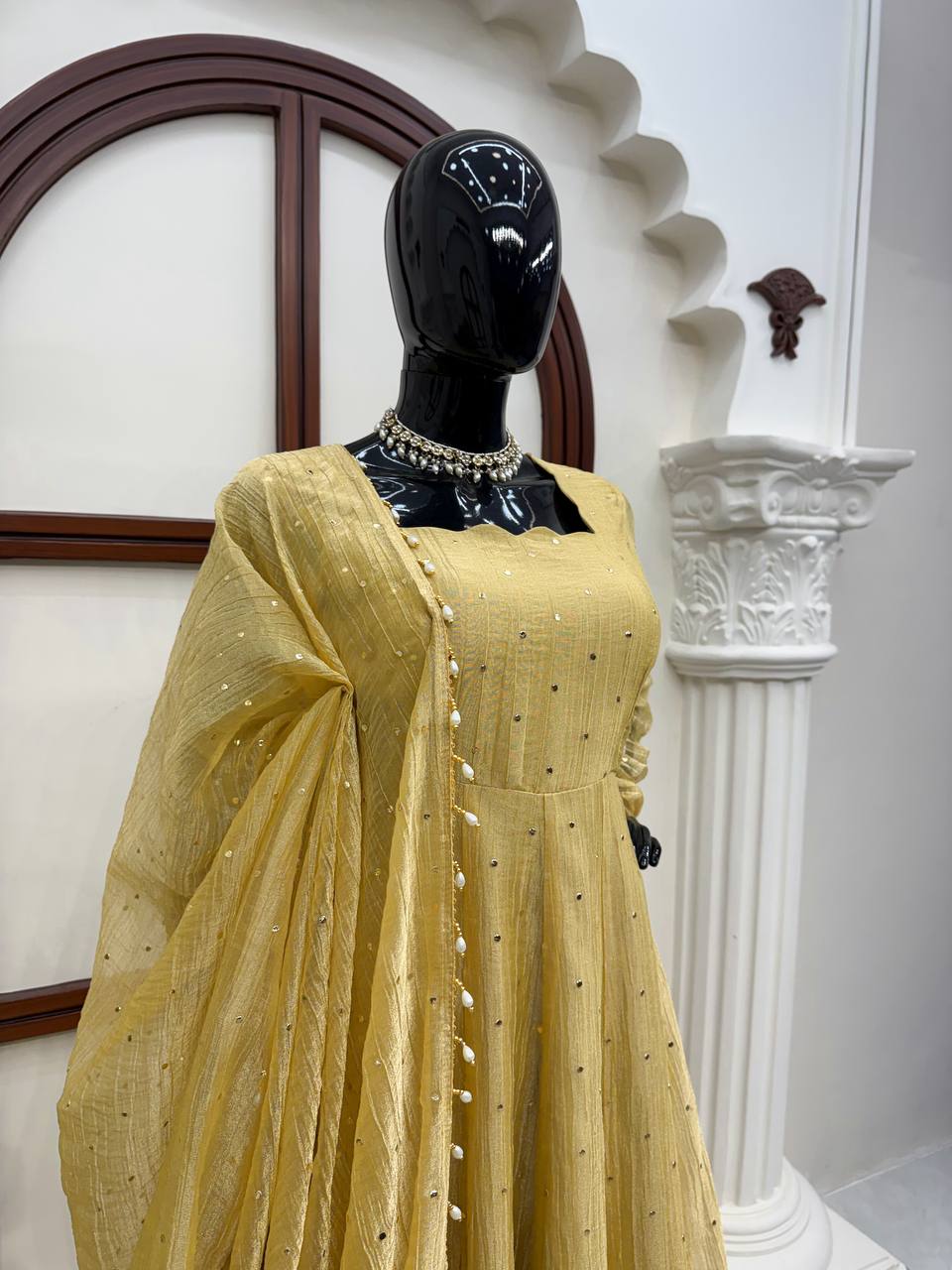 Antique Mustard Foil Work Gown Set with Pants & Dupatta