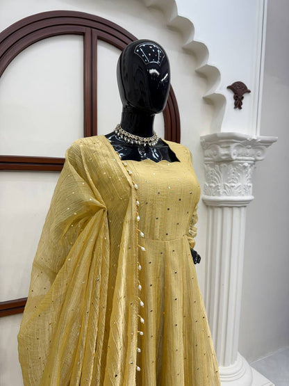 Antique Mustard Foil Work Gown Set with Pants & Dupatta