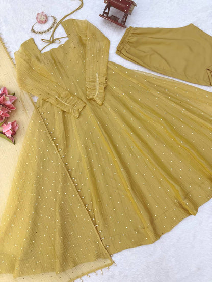 Antique Mustard Foil Work Gown Set with Pants & Dupatta