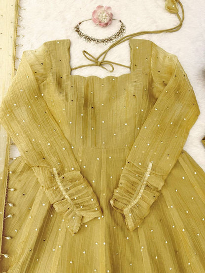 Antique Mustard Foil Work Gown Set with Pants & Dupatta