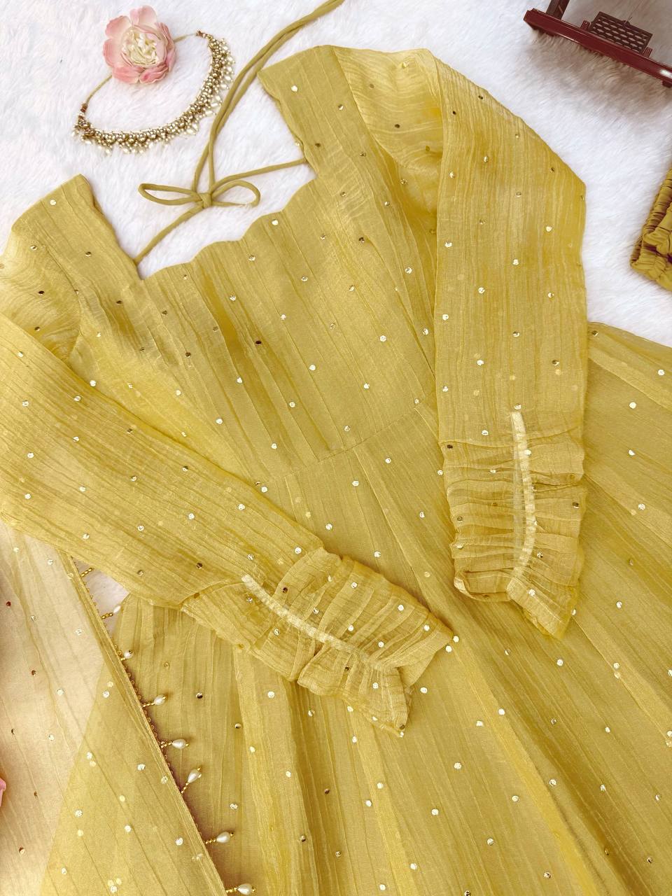 Antique Mustard Foil Work Gown Set with Pants & Dupatta