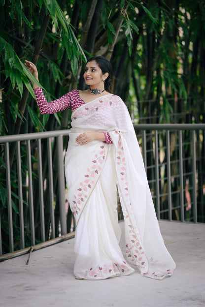 White Crush Georgette Saree with Leaf Embroidery & Lace Border