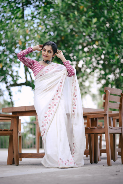 White Crush Georgette Saree with Leaf Embroidery & Lace Border