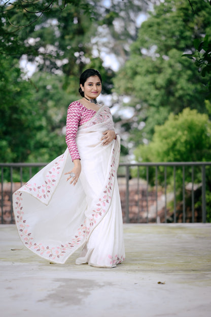 White Crush Georgette Saree with Leaf Embroidery & Lace Border
