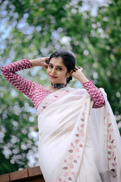 White Crush Georgette Saree with Leaf Embroidery & Lace Border