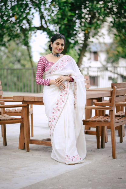 White Crush Georgette Saree with Leaf Embroidery & Lace Border
