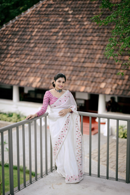 White Crush Georgette Saree with Leaf Embroidery & Lace Border