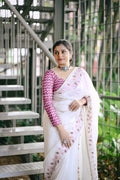 White Crush Georgette Saree with Leaf Embroidery & Lace Border