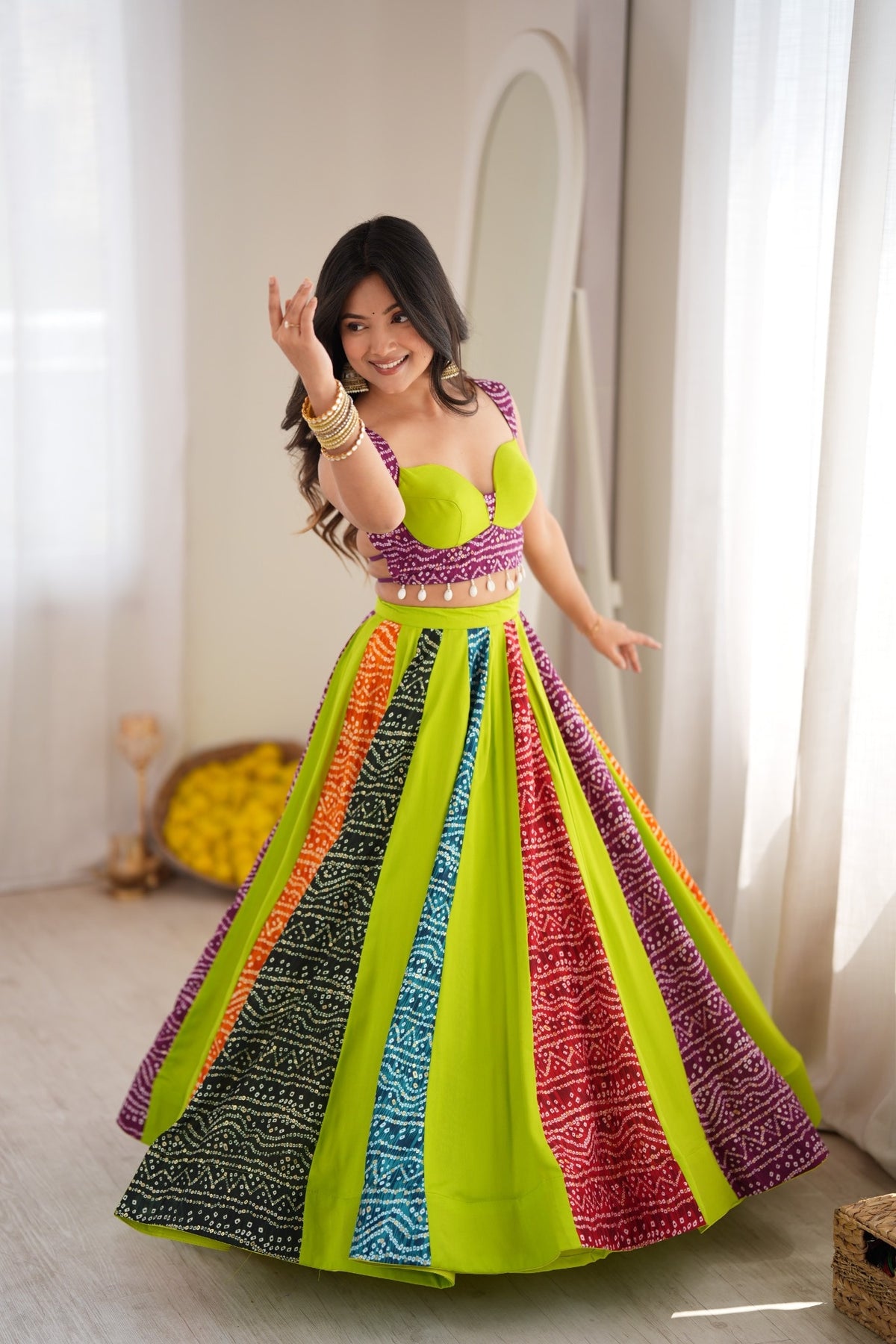 Multicolour Bandhani Style Chaniya Choli with Tassel Detailing