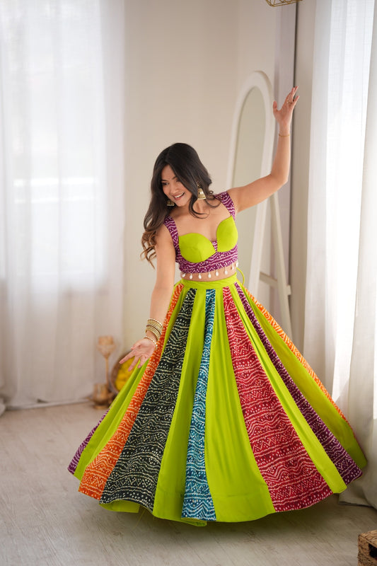 Multicolour Bandhani Style Chaniya Choli with Tassel Detailing