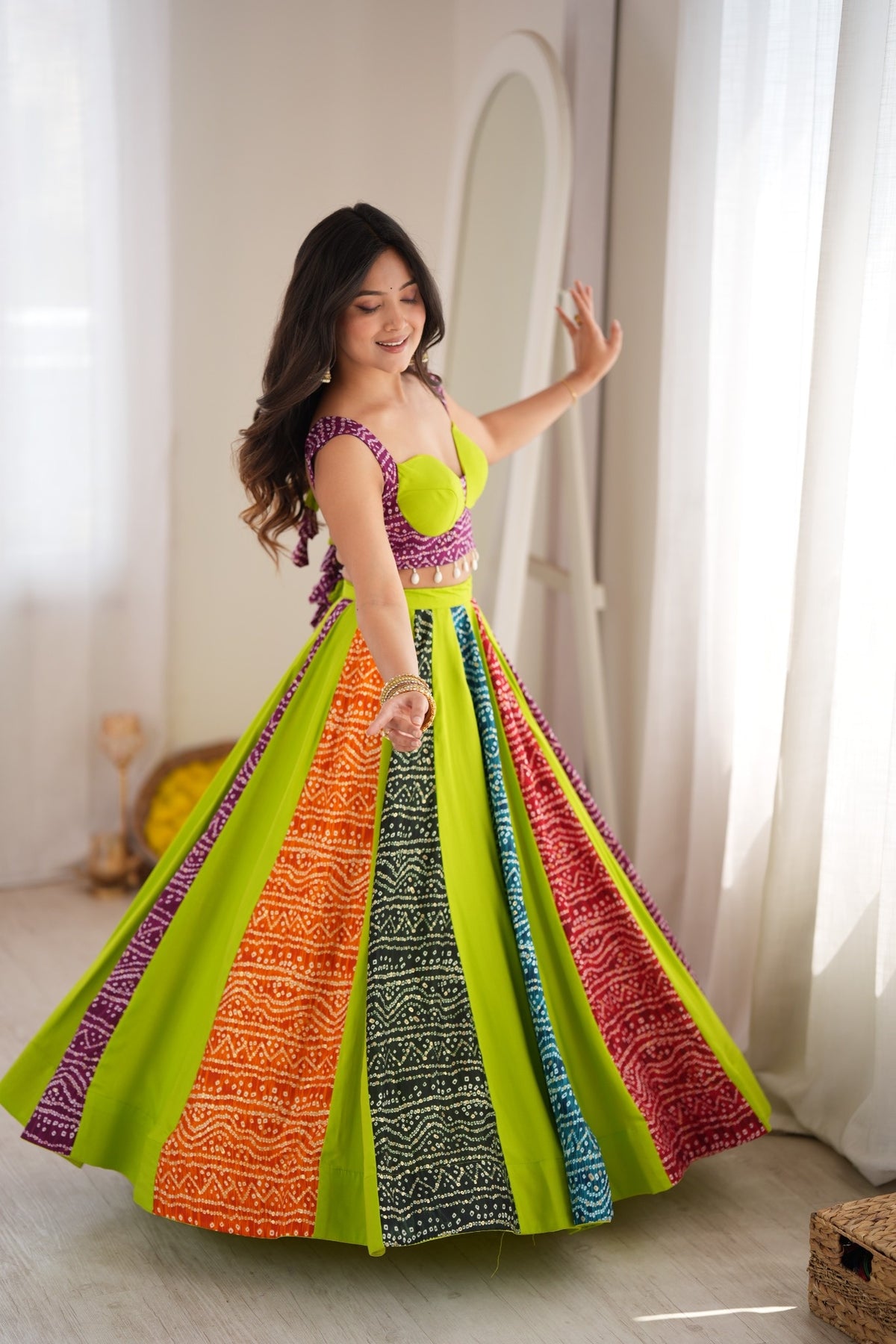 Multicolour Bandhani Style Chaniya Choli with Tassel Detailing