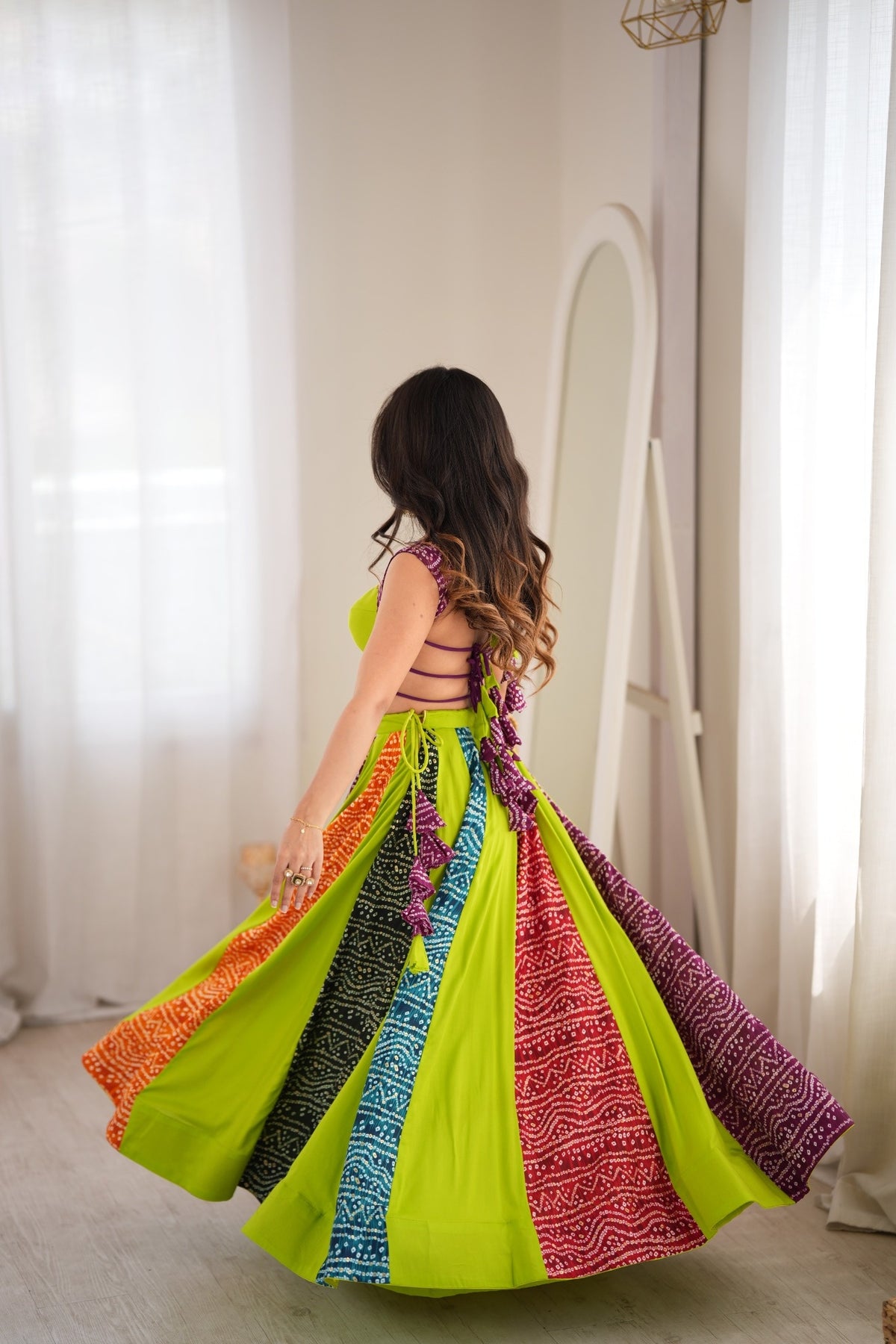 Multicolour Bandhani Style Chaniya Choli with Tassel Detailing