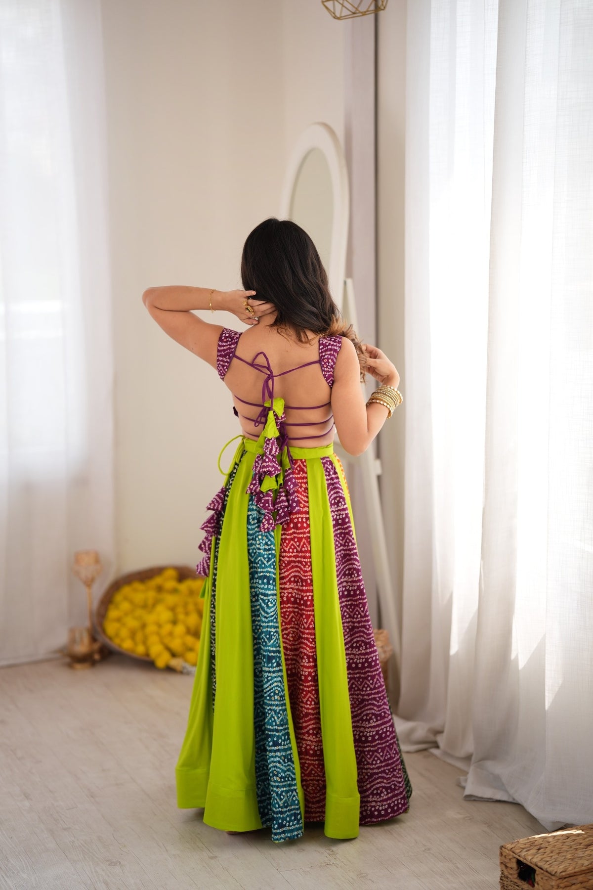 Multicolour Bandhani Style Chaniya Choli with Tassel Detailing