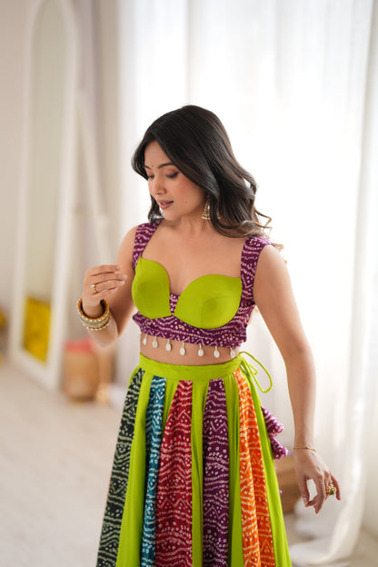 Multicolour Bandhani Style Chaniya Choli with Tassel Detailing